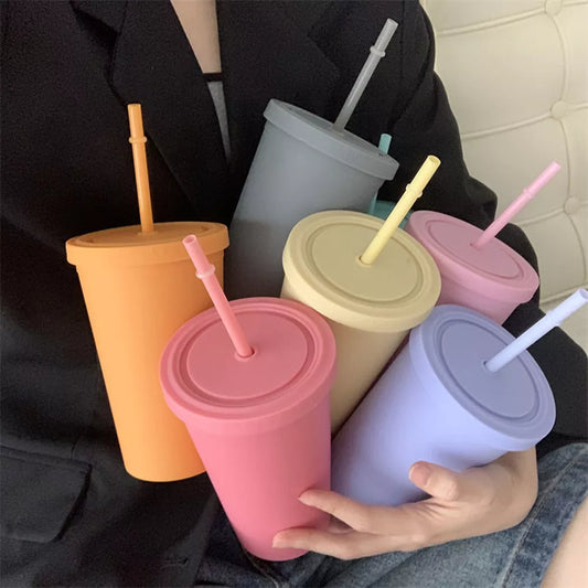 Candy Color Double-layer Plastic Straw Cup Coffee Cup Plastic Frosted Handy Water Cup Easy To Carry Straw Kettle Sports Bottle