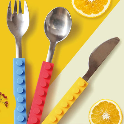 3PCS Creative bricks silicone stainless steel Portable Travel Kids Adult Cutlery Fork Picnic Set Gift for CHild Dinnerware