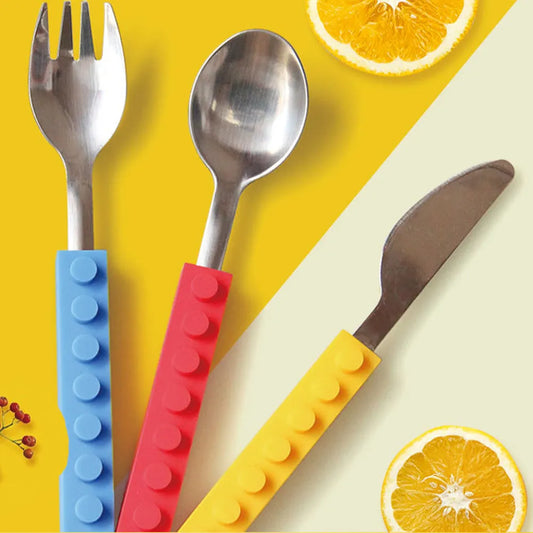 3PCS Creative bricks silicone stainless steel Portable Travel Kids Adult Cutlery Fork Picnic Set Gift for CHild Dinnerware