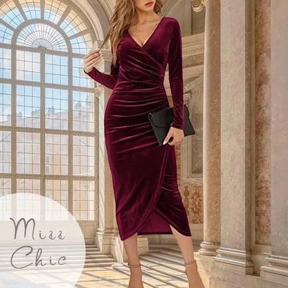 2023 Autumn Velvet Bodycon Purple Midi Dress Women Long Sleeve Ruched Slim Fit Evening Robe Female Party Cocktail Dress Dresses