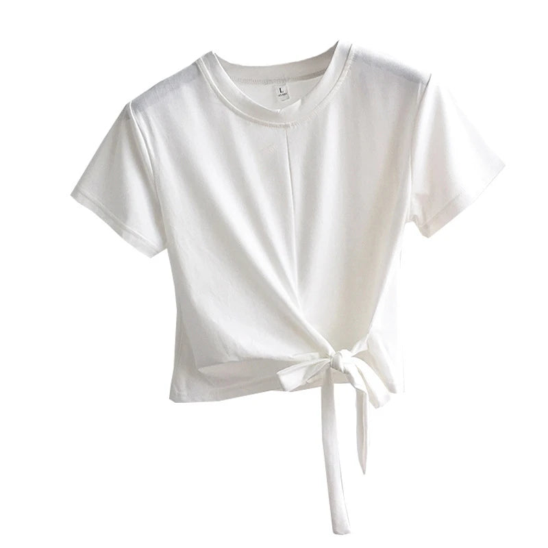 2023  Summer Fashion Y2K T-shirt Woman Korean Bandage Sexy Crop Top Women Short Sleeve Skinny  Kpop Tee Shirt Femme Solid Cloth