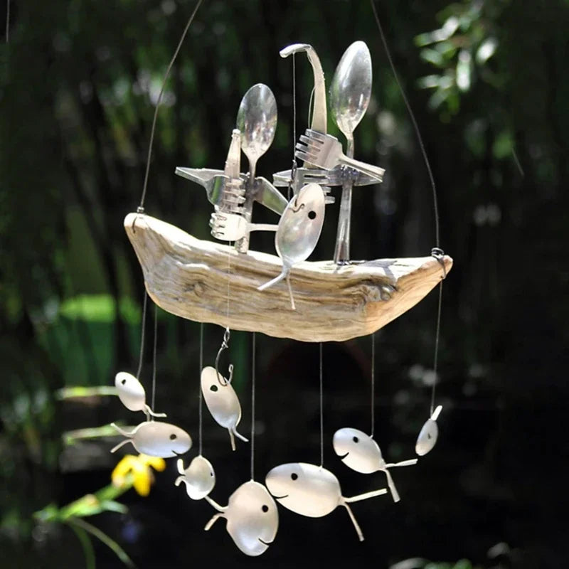Angeln Mann Wind Chime Löffel Fisch Skulpturen Windchime Indoor Outdoor Home Garten Dekoration Hängen Ornament Geschenke