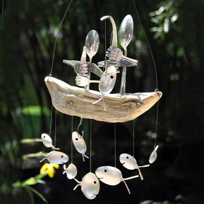 Angeln Mann Wind Chime Löffel Fisch Skulpturen Windchime Indoor Outdoor Home Garten Dekoration Hängen Ornament Geschenke