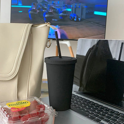 Candy Color Double-layer Plastic Straw Cup Coffee Cup Plastic Frosted Handy Water Cup Easy To Carry Straw Kettle Sports Bottle