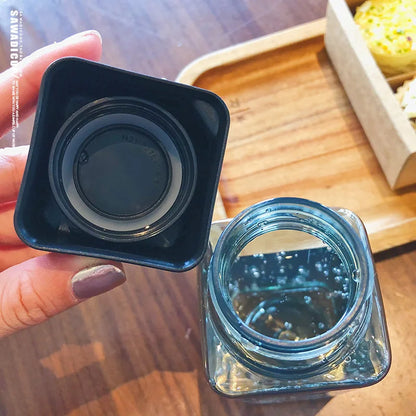 300ml Small Square Plastic Water Cup with Lid Portable Female Student Summer Hand Cup Leakproof Simple Transparent Bottles