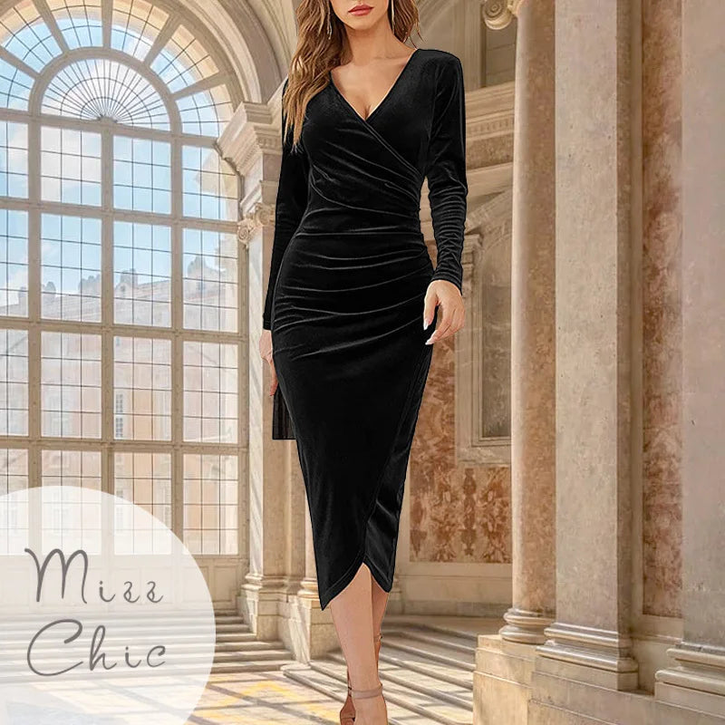 2023 Autumn Velvet Bodycon Purple Midi Dress Women Long Sleeve Ruched Slim Fit Evening Robe Female Party Cocktail Dress Dresses