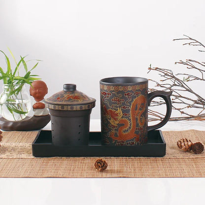 Traditional Chinese Dragon Purple Clay Tea Mug with Lid Strainer Retro Handmade Yixing Tea Cup Zisha Teacup Gift Mug Tumbler