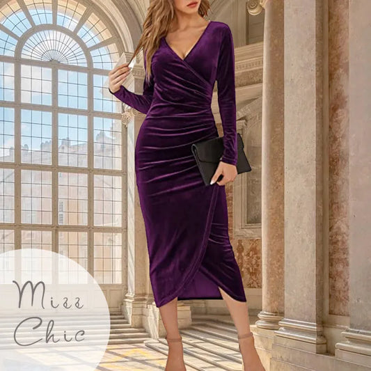 2023 Autumn Velvet Bodycon Purple Midi Dress Women Long Sleeve Ruched Slim Fit Evening Robe Female Party Cocktail Dress Dresses