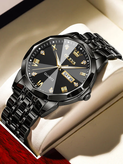 OLEVS Watch for Men Luxury Brand Black Steel Strap 3ATM Waterproof Date Luminous Quartz Men's Watches Reloj Hombre