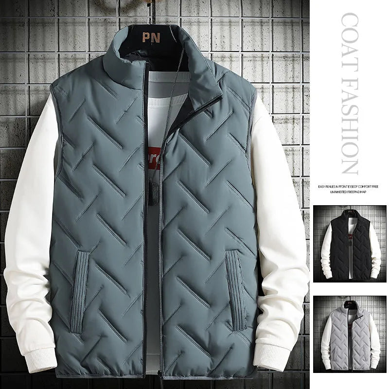 2023 Winter Warm Men's Jacket Sleeveless Zipper Vest Solid Color Casual Vests Cotton-Padded Thickened Stand Collar Wear Outside