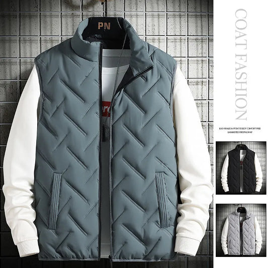 2023 Winter Warm Men's Jacket Sleeveless Zipper Vest Solid Color Casual Vests Cotton-Padded Thickened Stand Collar Wear Outside