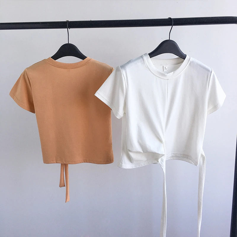 2023  Summer Fashion Y2K T-shirt Woman Korean Bandage Sexy Crop Top Women Short Sleeve Skinny  Kpop Tee Shirt Femme Solid Cloth