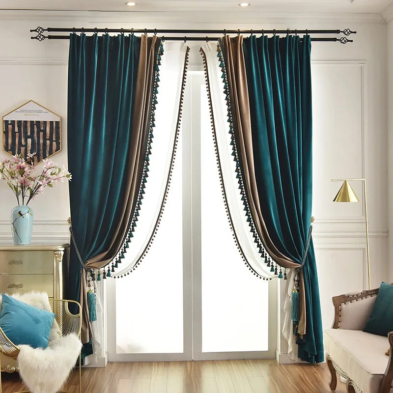 American Light Luxury Style Peacock Green Curtains For Living Room Bedroom Velvet Blackout Curtains Treatment Decoration Custom