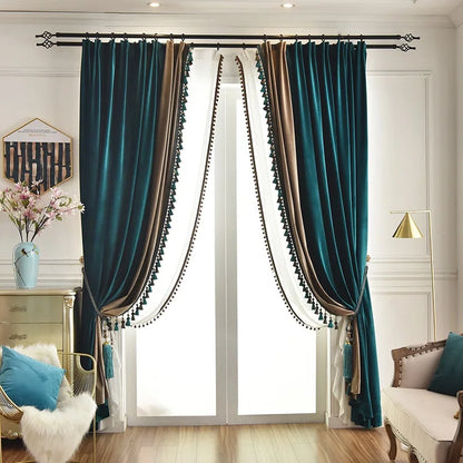 American Light Luxury Style Peacock Green Curtains For Living Room Bedroom Velvet Blackout Curtains Treatment Decoration Custom