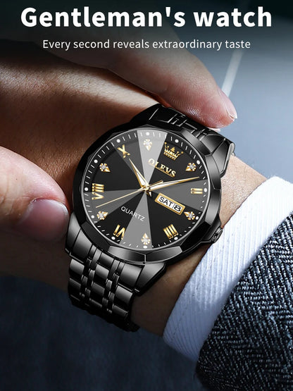OLEVS Watch for Men Luxury Brand Black Steel Strap 3ATM Waterproof Date Luminous Quartz Men's Watches Reloj Hombre