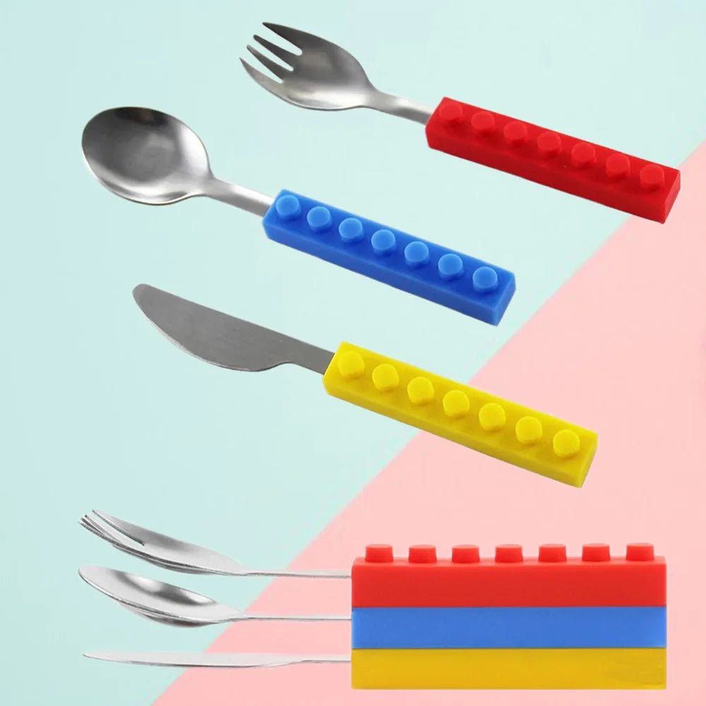 3PCS Creative bricks silicone stainless steel Portable Travel Kids Adult Cutlery Fork Picnic Set Gift for CHild Dinnerware