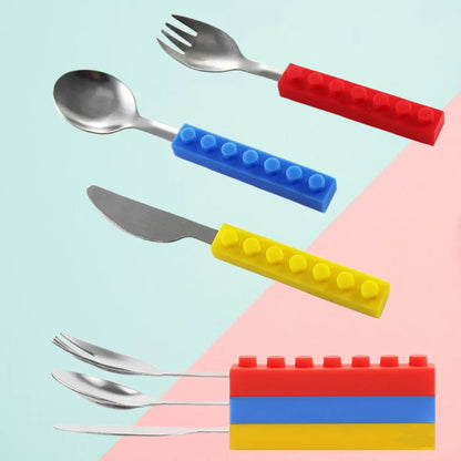 3PCS Creative bricks silicone stainless steel Portable Travel Kids Adult Cutlery Fork Picnic Set Gift for CHild Dinnerware