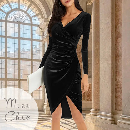 2023 Autumn Velvet Bodycon Purple Midi Dress Women Long Sleeve Ruched Slim Fit Evening Robe Female Party Cocktail Dress Dresses
