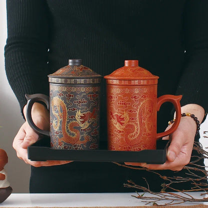 Traditional Chinese Dragon Purple Clay Tea Mug with Lid Strainer Retro Handmade Yixing Tea Cup Zisha Teacup Gift Mug Tumbler