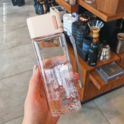 300ml Small Square Plastic Water Cup with Lid Portable Female Student Summer Hand Cup Leakproof Simple Transparent Bottles