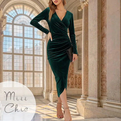 2023 Autumn Velvet Bodycon Purple Midi Dress Women Long Sleeve Ruched Slim Fit Evening Robe Female Party Cocktail Dress Dresses