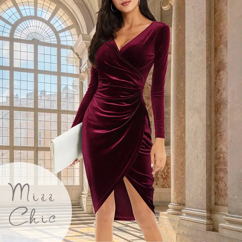 2023 Autumn Velvet Bodycon Purple Midi Dress Women Long Sleeve Ruched Slim Fit Evening Robe Female Party Cocktail Dress Dresses