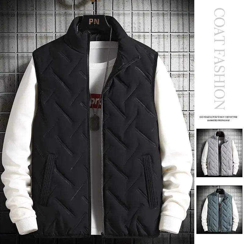 2023 Winter Warm Men's Jacket Sleeveless Zipper Vest Solid Color Casual Vests Cotton-Padded Thickened Stand Collar Wear Outside