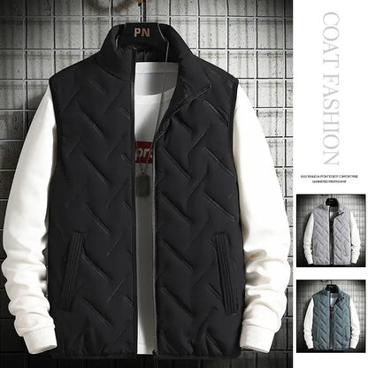 2023 Winter Warm Men's Jacket Sleeveless Zipper Vest Solid Color Casual Vests Cotton-Padded Thickened Stand Collar Wear Outside