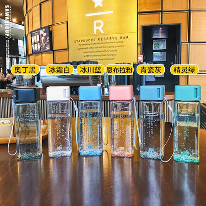 300ml Small Square Plastic Water Cup with Lid Portable Female Student Summer Hand Cup Leakproof Simple Transparent Bottles