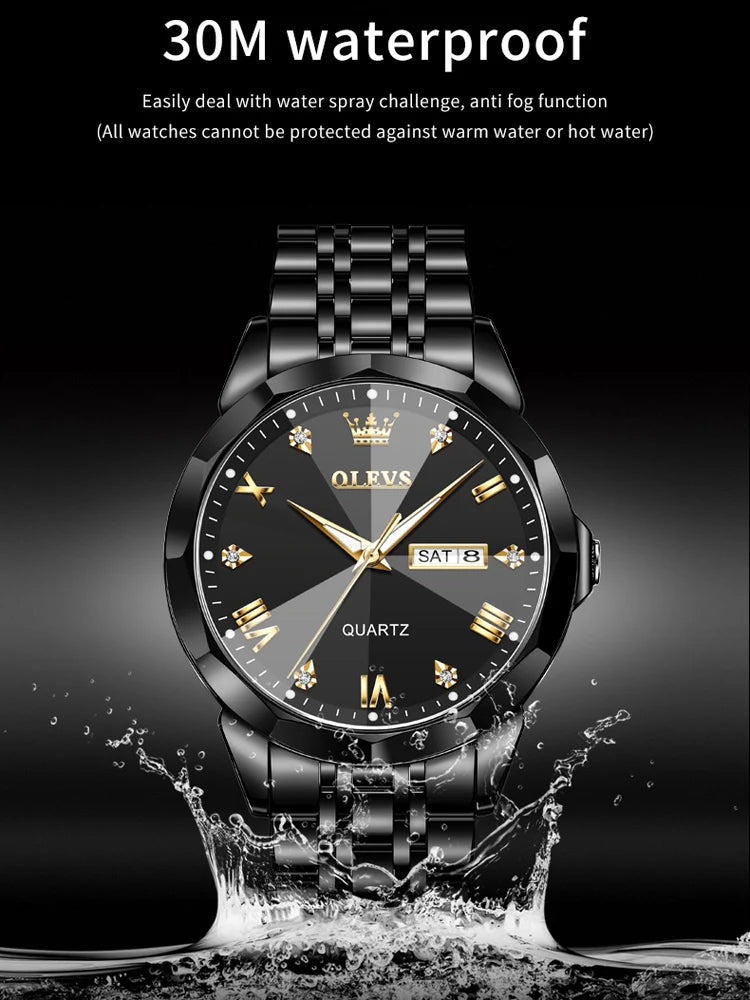 OLEVS Watch for Men Luxury Brand Black Steel Strap 3ATM Waterproof Date Luminous Quartz Men's Watches Reloj Hombre