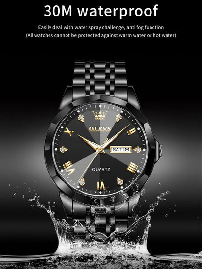 OLEVS Watch for Men Luxury Brand Black Steel Strap 3ATM Waterproof Date Luminous Quartz Men's Watches Reloj Hombre