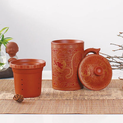 Traditional Chinese Dragon Purple Clay Tea Mug with Lid Strainer Retro Handmade Yixing Tea Cup Zisha Teacup Gift Mug Tumbler