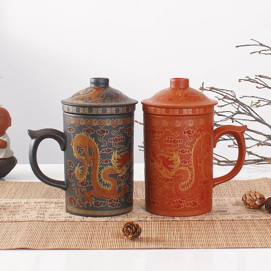 Traditional Chinese Dragon Purple Clay Tea Mug with Lid Strainer Retro Handmade Yixing Tea Cup Zisha Teacup Gift Mug Tumbler
