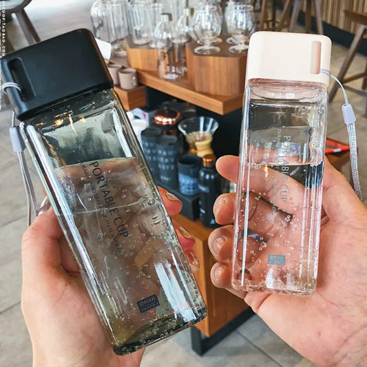 300ml Small Square Plastic Water Cup with Lid Portable Female Student Summer Hand Cup Leakproof Simple Transparent Bottles